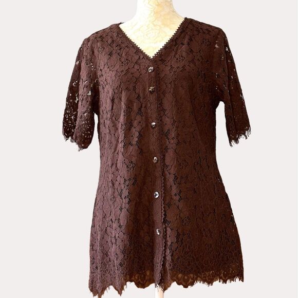 Isaac Mizrahi Lace Button Front Blouse Top Brown XS - Picture 2 of 8